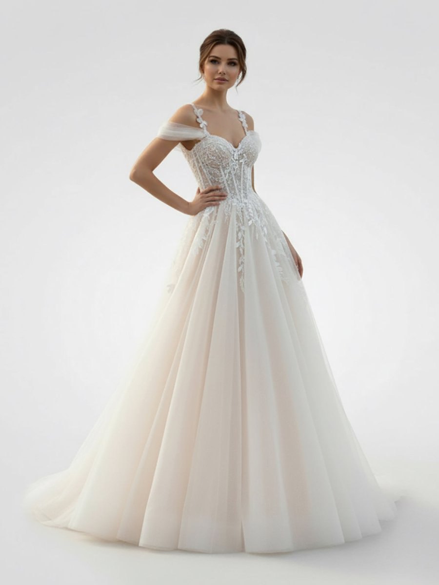 Elodika | A - Line Off - The - Shoulder Tulle Wedding Dresses With Appliques Lace - KissProm