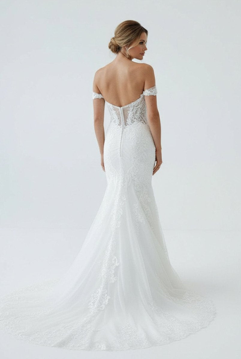 Jream | White Long Tulle Mermaid Wedding Dress with Lace Appliques - KissProm