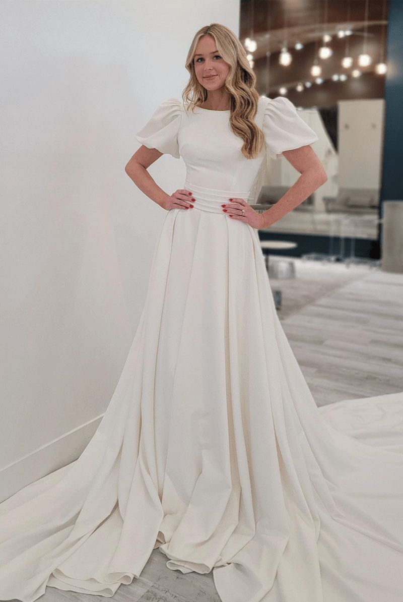 Ivory A-line Puff Sleeves Satin Sweeping Long Wedding Dress