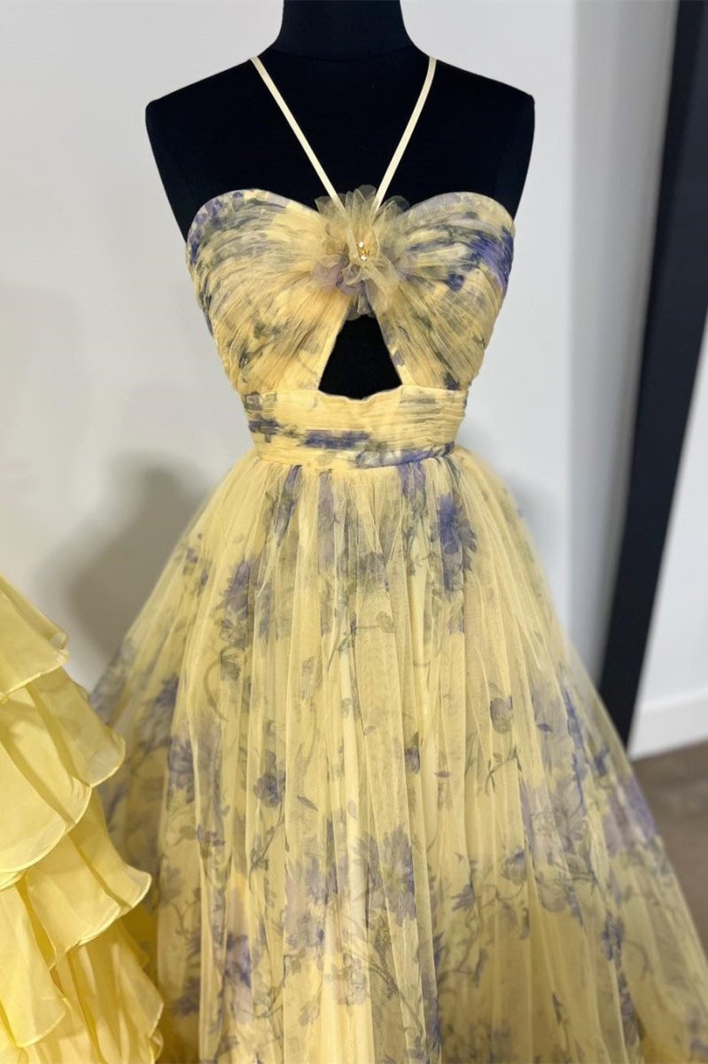 Rita | Pink Print Halter Keyhole A-Line Long Prom Dress