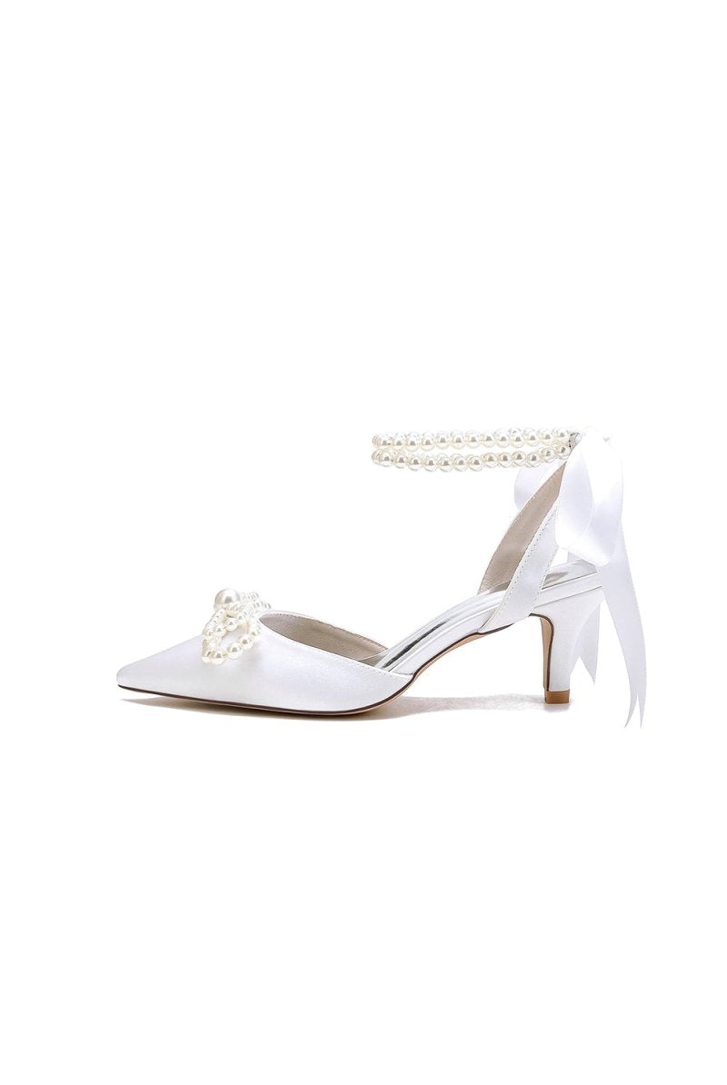 Pearl Ribbon Pointed Toe Ankle Strap High Heels - KissProm