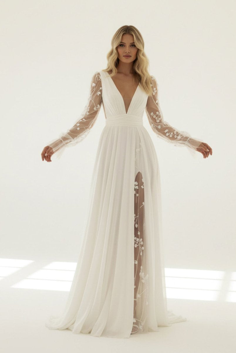 Long Sleeve Boho Flowy Wedding Dress Lace A-Line V-Neck Beach Gown with Split Front and Sweep Train