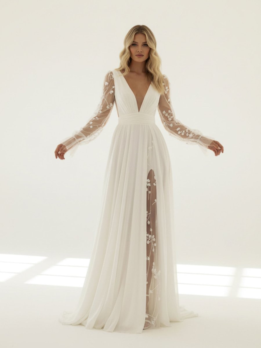 Long Sleeve Boho Flowy Wedding Dress Lace A-Line V-Neck Beach Gown with Split Front and Sweep Train