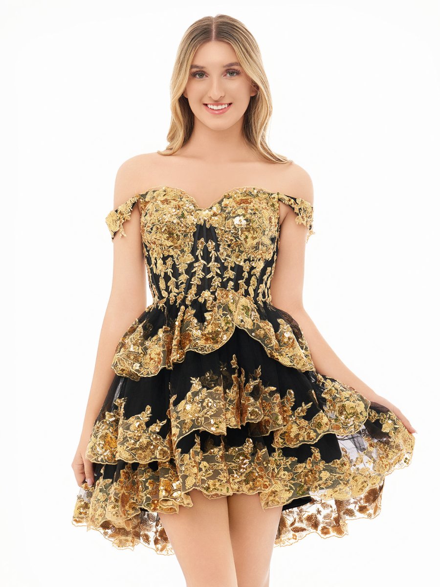 Everly | Gold Black - A-Line Sweetheart Tiered Short Homecoming Dress