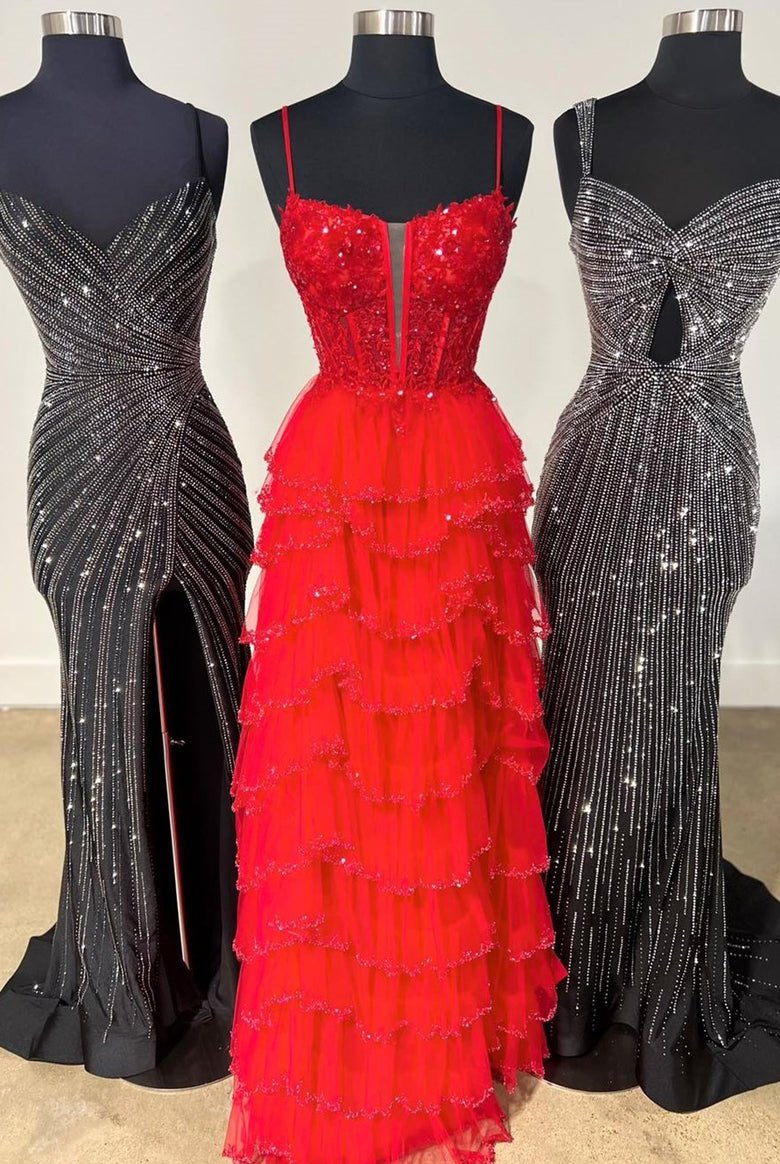 Abbie | Straps Black Mesh Cutout Sequined Layered Long Prom Dress