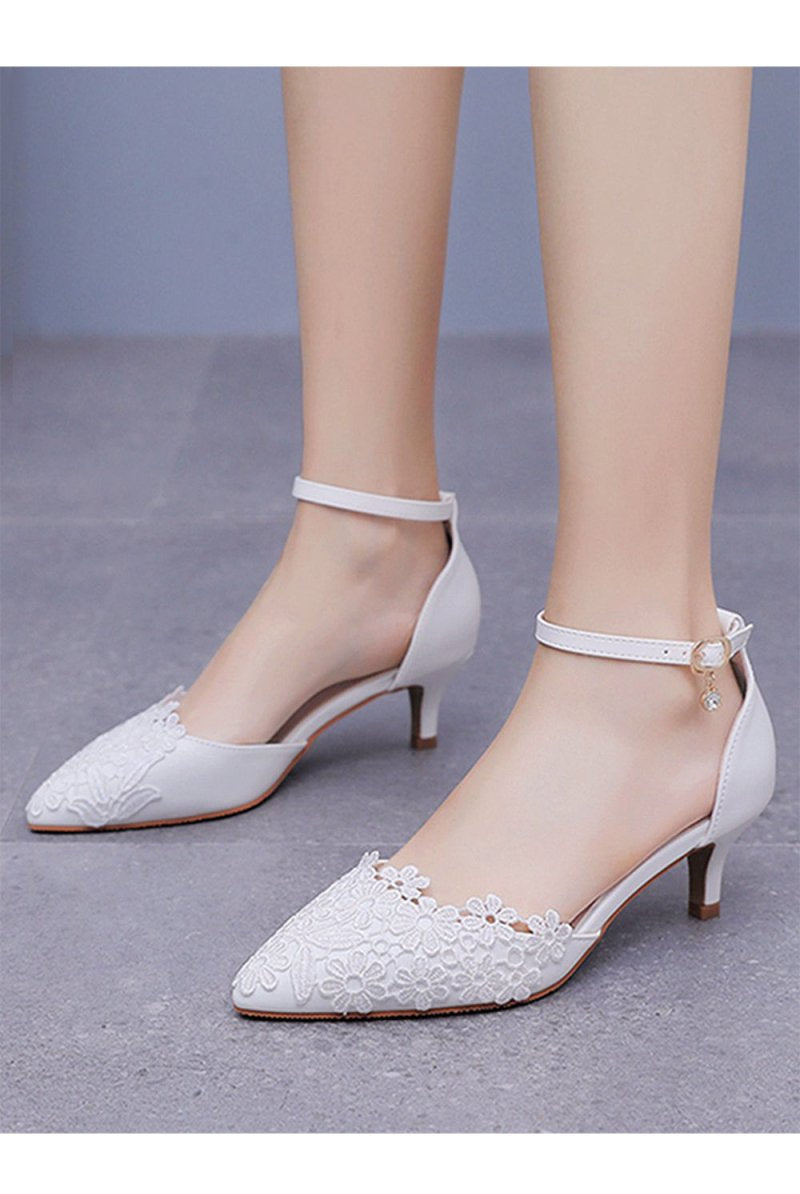 White Lace Embellished Stiletto Pointed Toe Sandals - KissProm