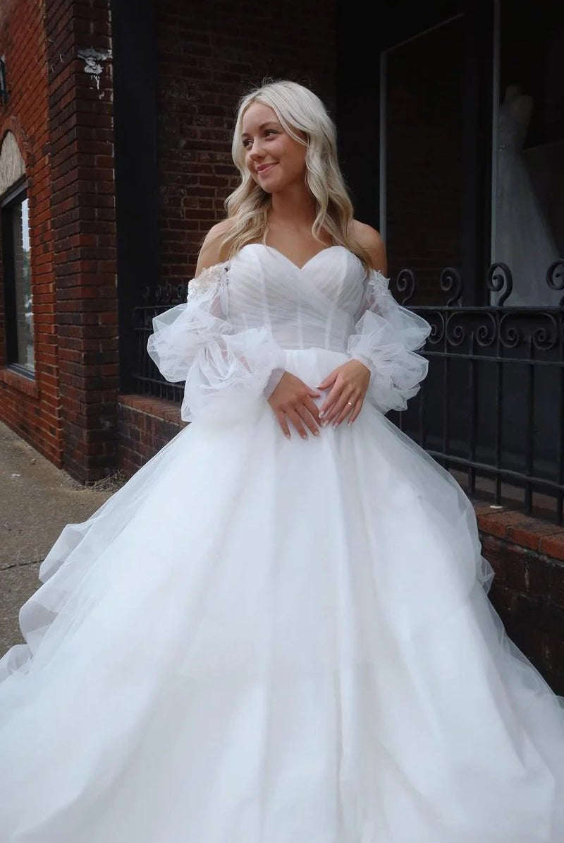 Fairy Ball Gown Sweetheart Tulle Long Wedding Dresses with Ruffled Sleeves