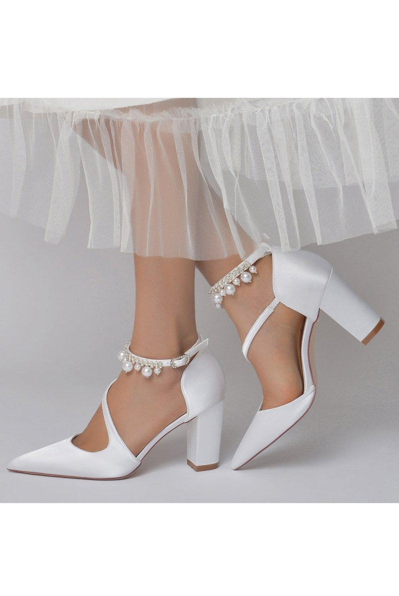 White Satin Heels with Cross - Strap Design and Pearl - Accented Buckle - KissProm