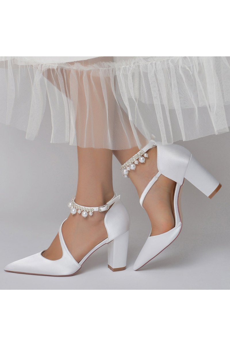 White Satin Heels with Cross - Strap Design and Pearl - Accented Buckle - KissProm