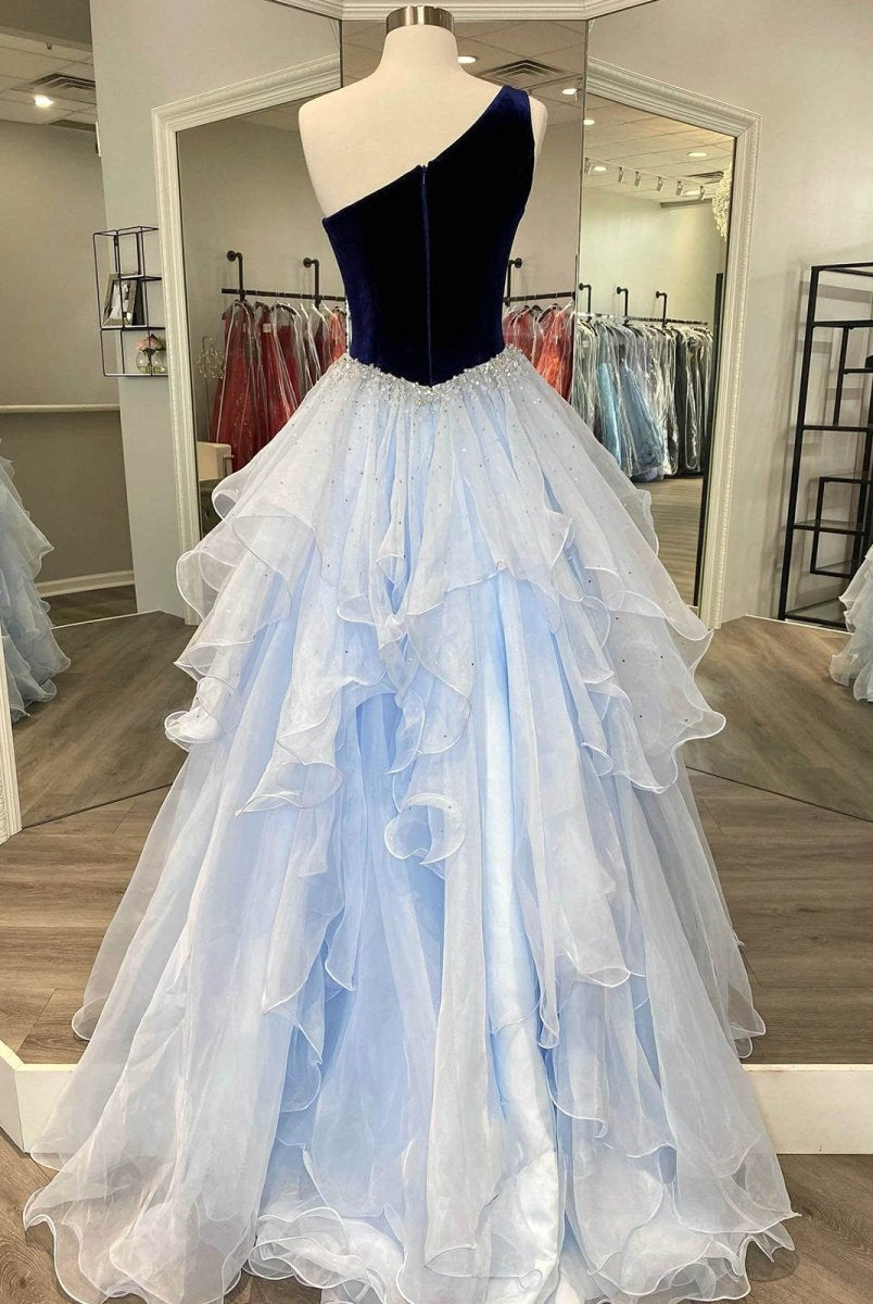 Belinda | Ruffle One Shoulder Royal Blue Velvet Top Long Formal Dress - KissProm