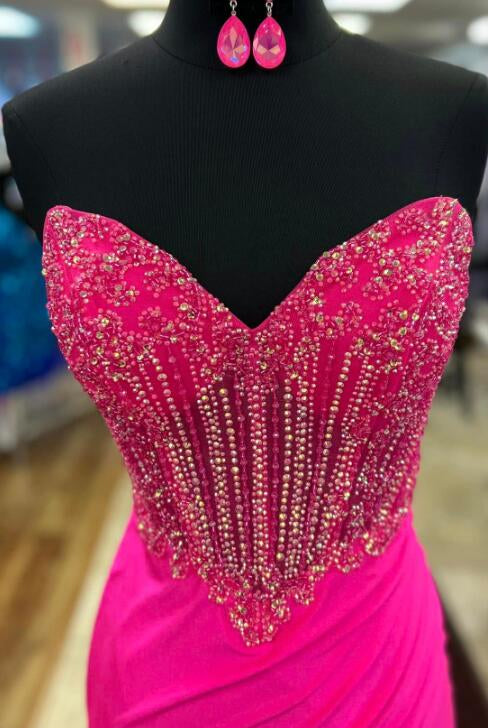 Sienna | Royal Blue Strapless Beaded Long Prom Dress with Slit