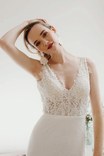 Lace Sleeveless Elegant Mermaid Plunging V-neck Bridal Gown With Deep V-back And Buttons