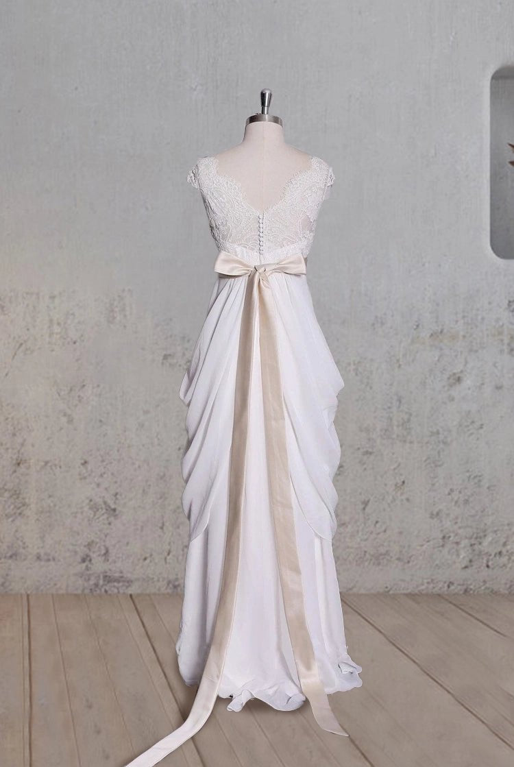 Special Design Lace Cap Sleeve Chiffon Skirt With Champagne Sash