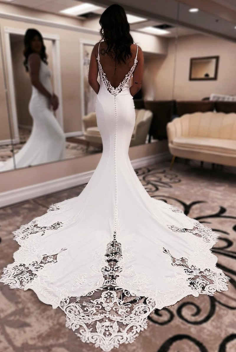 Unique Mermaid V Neck Satin Wedding Dress with Appliques - KissProm