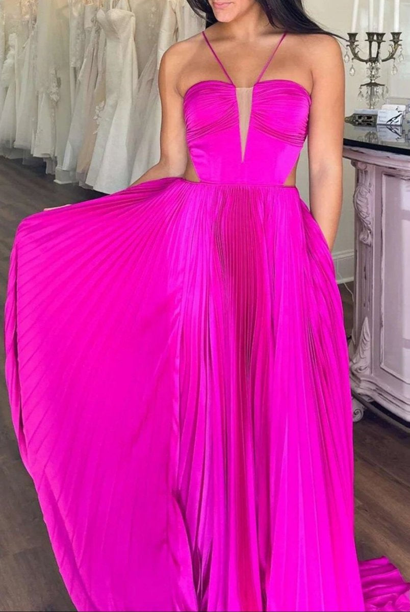 Kimia | A - Line Straps Royal Blue Pleated Chiffon Long Formal Dress with Bow Back - KissProm