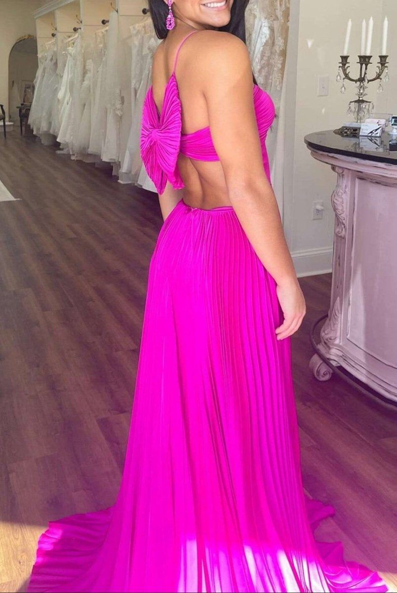 Kimia | A - Line Straps Royal Blue Pleated Chiffon Long Formal Dress with Bow Back - KissProm