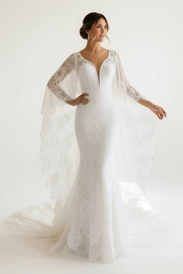 Anais | Ivory Long Sleeve Cape Lace Mermaid Wedding Dress with Appliques - KissProm
