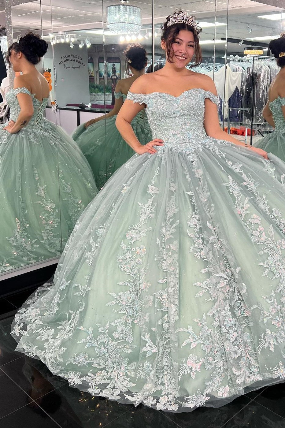 Dylan | Off-the-Shoulder Dusty Sage Appliques With Lace Up Quinceanera Dress