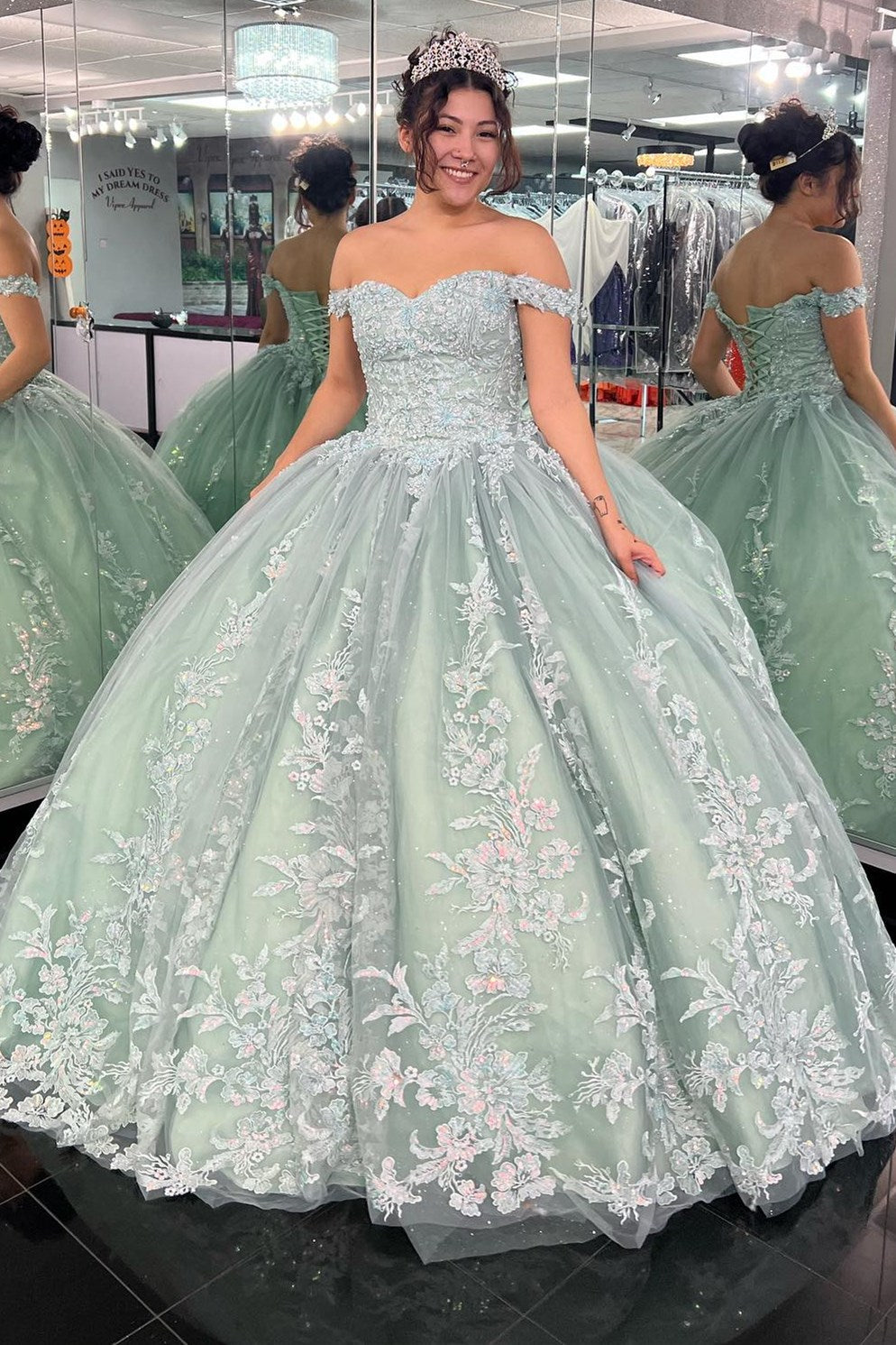 Dylan | Off-the-Shoulder Dusty Sage Appliques With Lace Up Quinceanera Dress