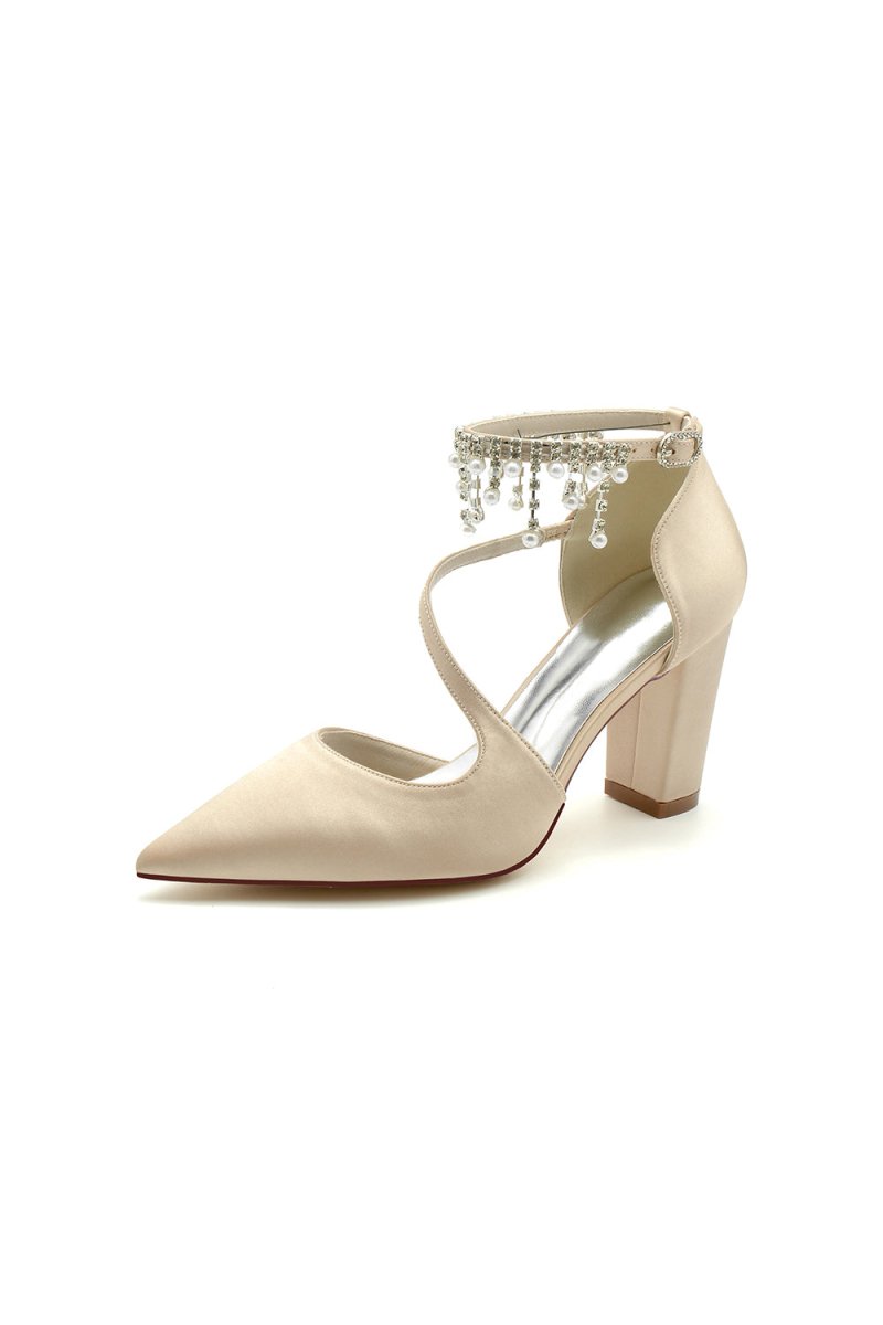 White Satin Pump with Pearl - Embedded Chain Heel - KissProm