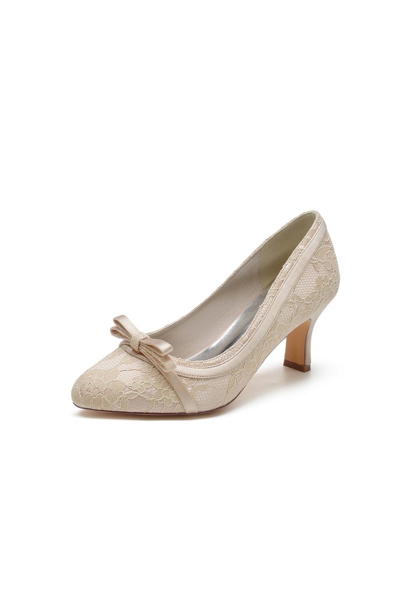 Chic Champagne Lace Formal Heels with Matching Bow - KissProm