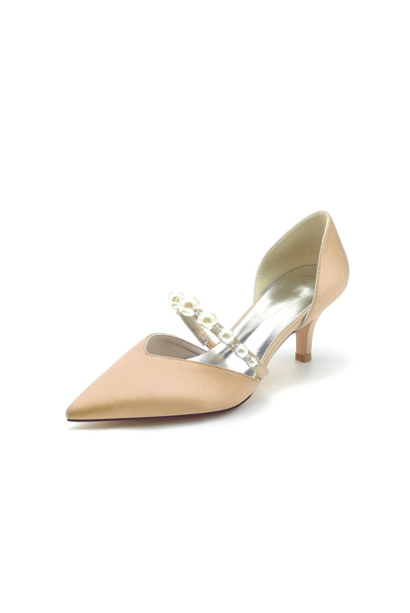 Elegant Satin Pointed Toe Heels with Pearl Strap - KissProm