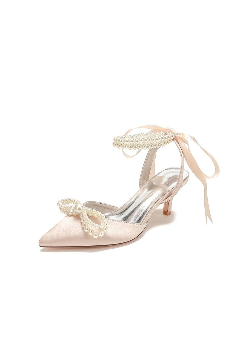 Pearl Ribbon Pointed Toe Ankle Strap High Heels - KissProm