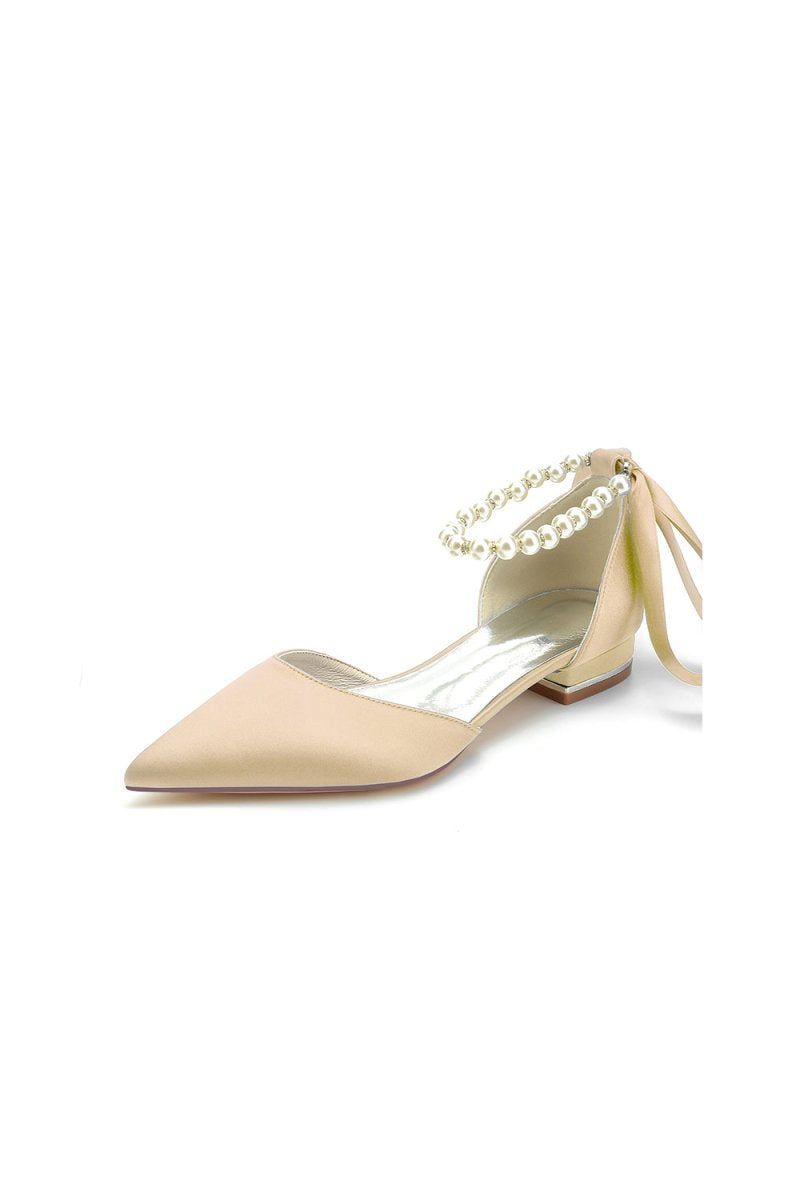 Pearl Ribbon Pointed Toe Ankle Strap Kitten Heels - KissProm