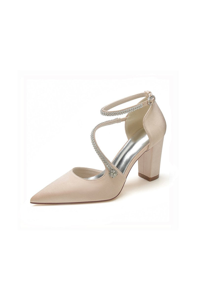 White Satin Pump with Cross - Strap and Beaded Buckle - KissProm