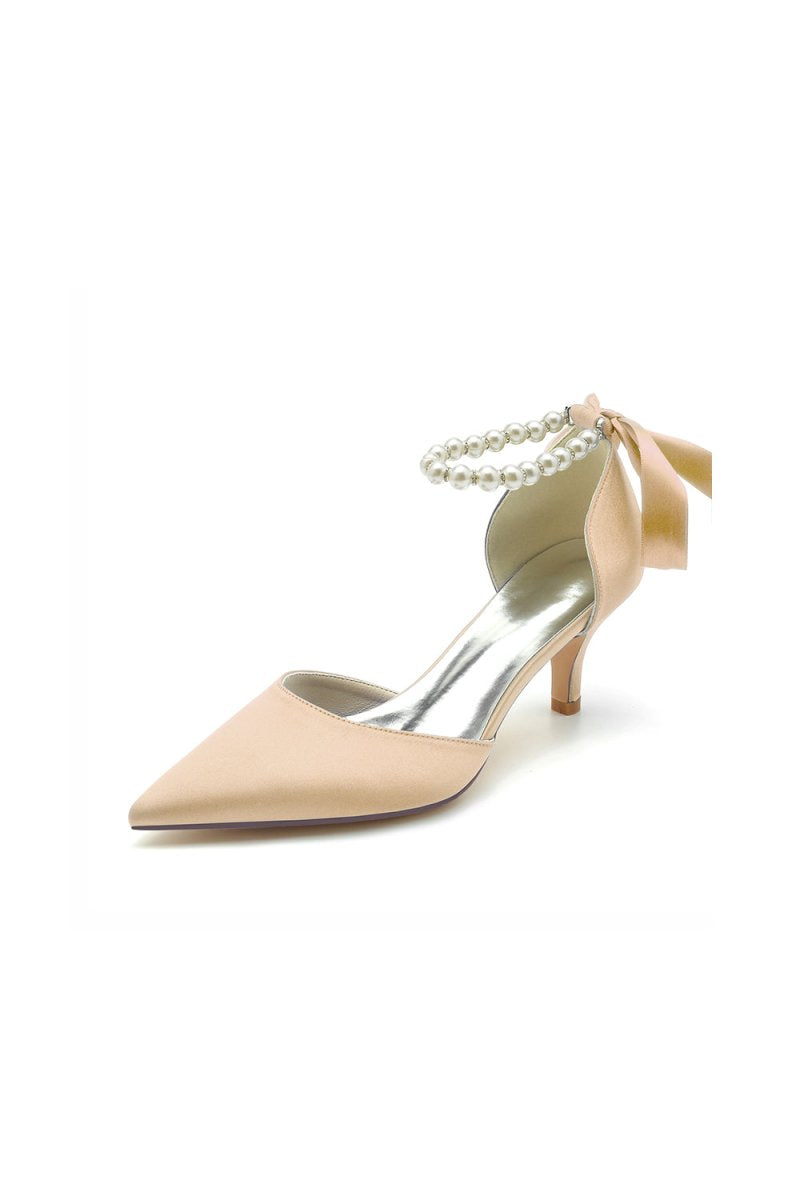Pointed Toe Ribbons Faux Pearl Pumps - KissProm