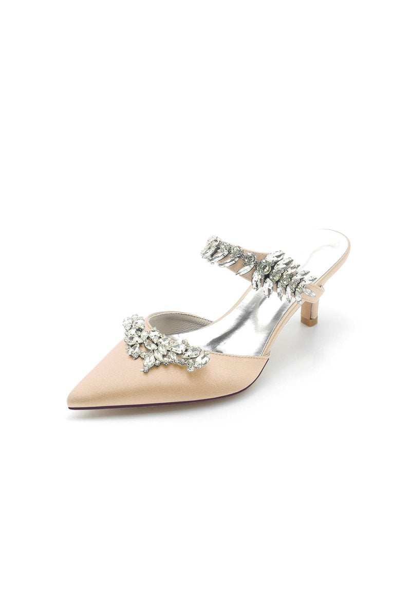 Satin Pointed Toe Mules with Crystal Rhinestone - KissProm
