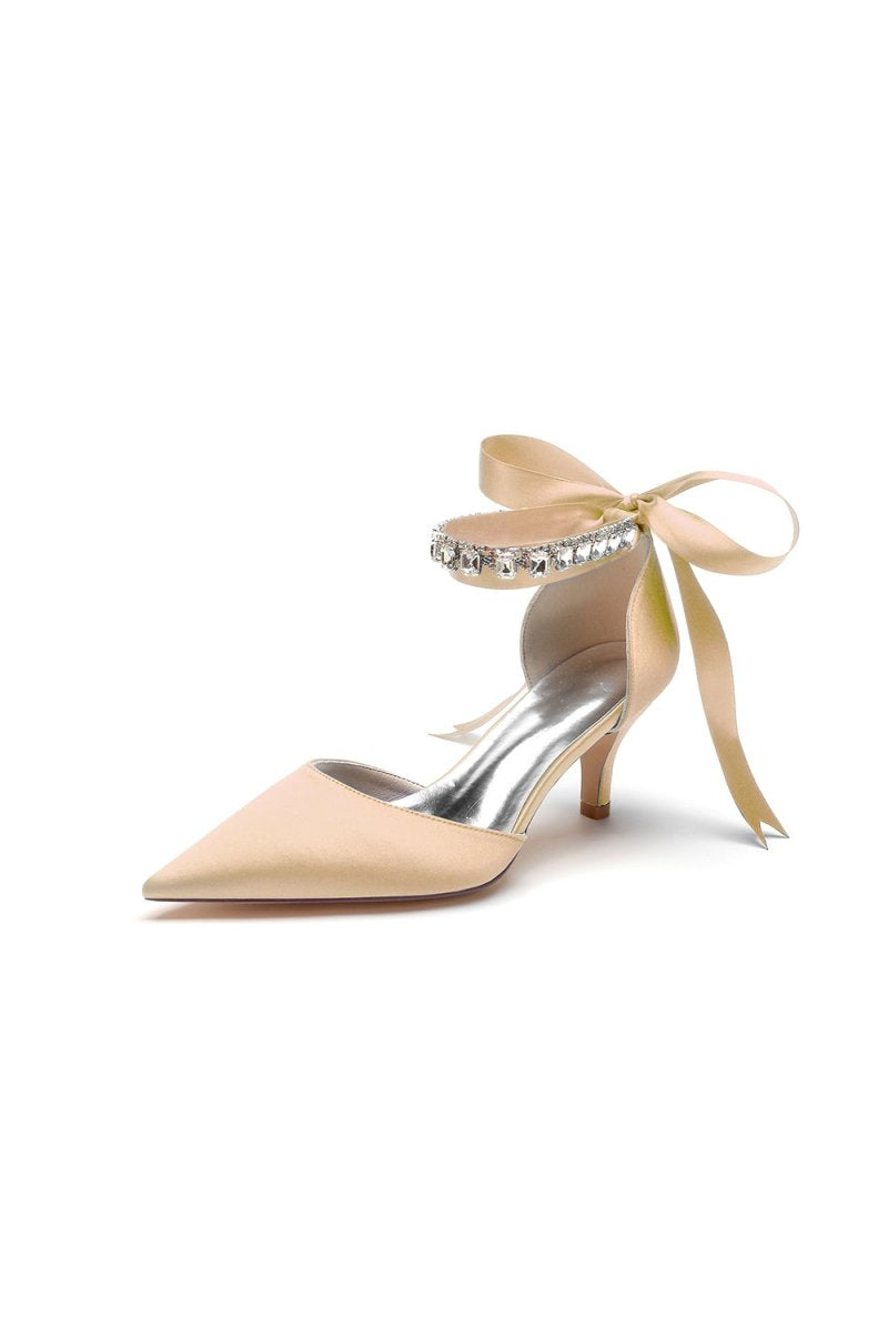 Pointed Toe Ribbons Kitten Heels With Diamond - KissProm
