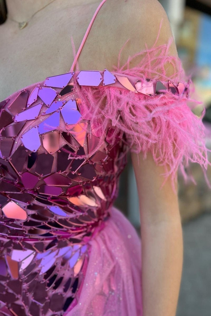 Meroy | Pink Cut Glass Mirror Cold-Shoulder Short Party Dress with Attached Train