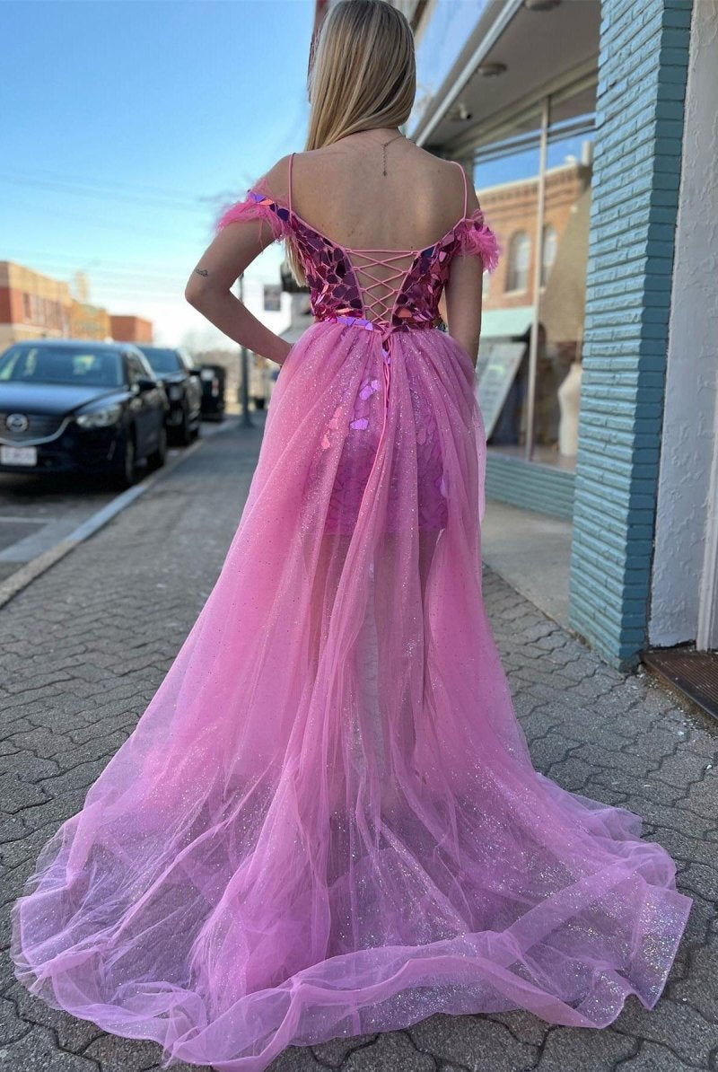 Meroy | Pink Cut Glass Mirror Cold-Shoulder Short Party Dress with Attached Train