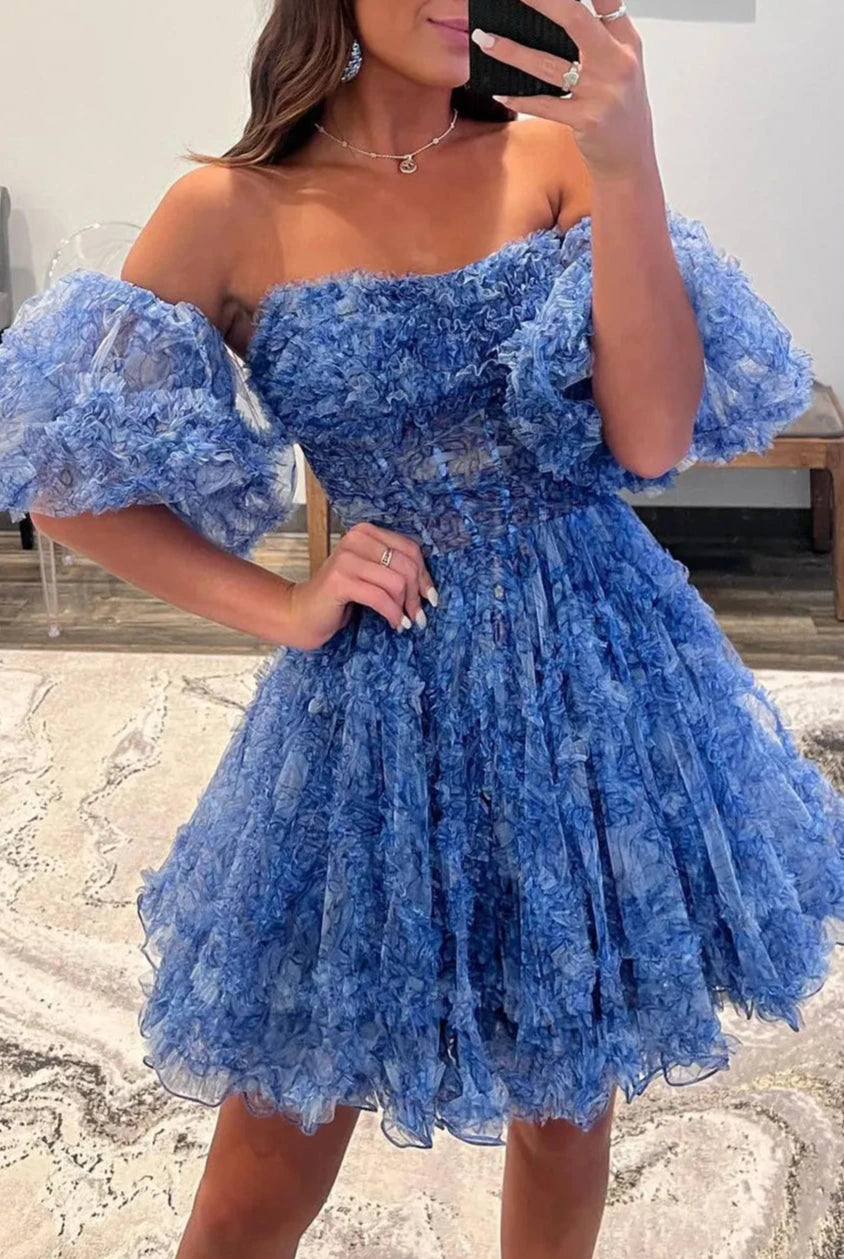 Hanni | Blue Puff Sleeves Ruffles A-line Prints Homecoming Dress