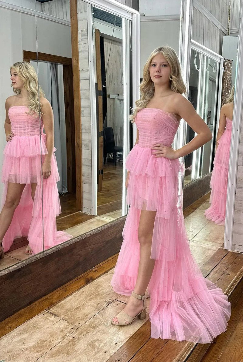 Monza | Cute Strapless Pink Tiered High Low Homecoming Dresses