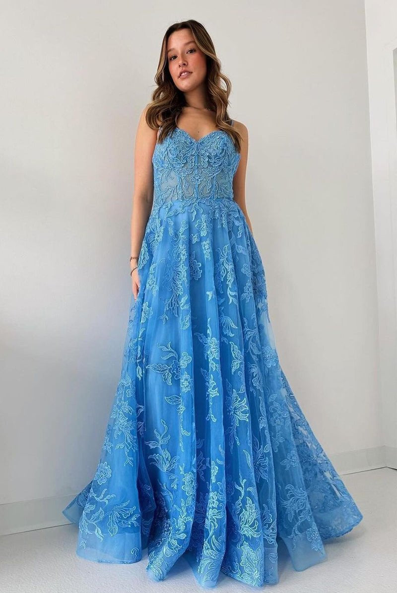 Blue Spaghetti Straps Tulle Appliques Long Prom Dresses - KissProm
