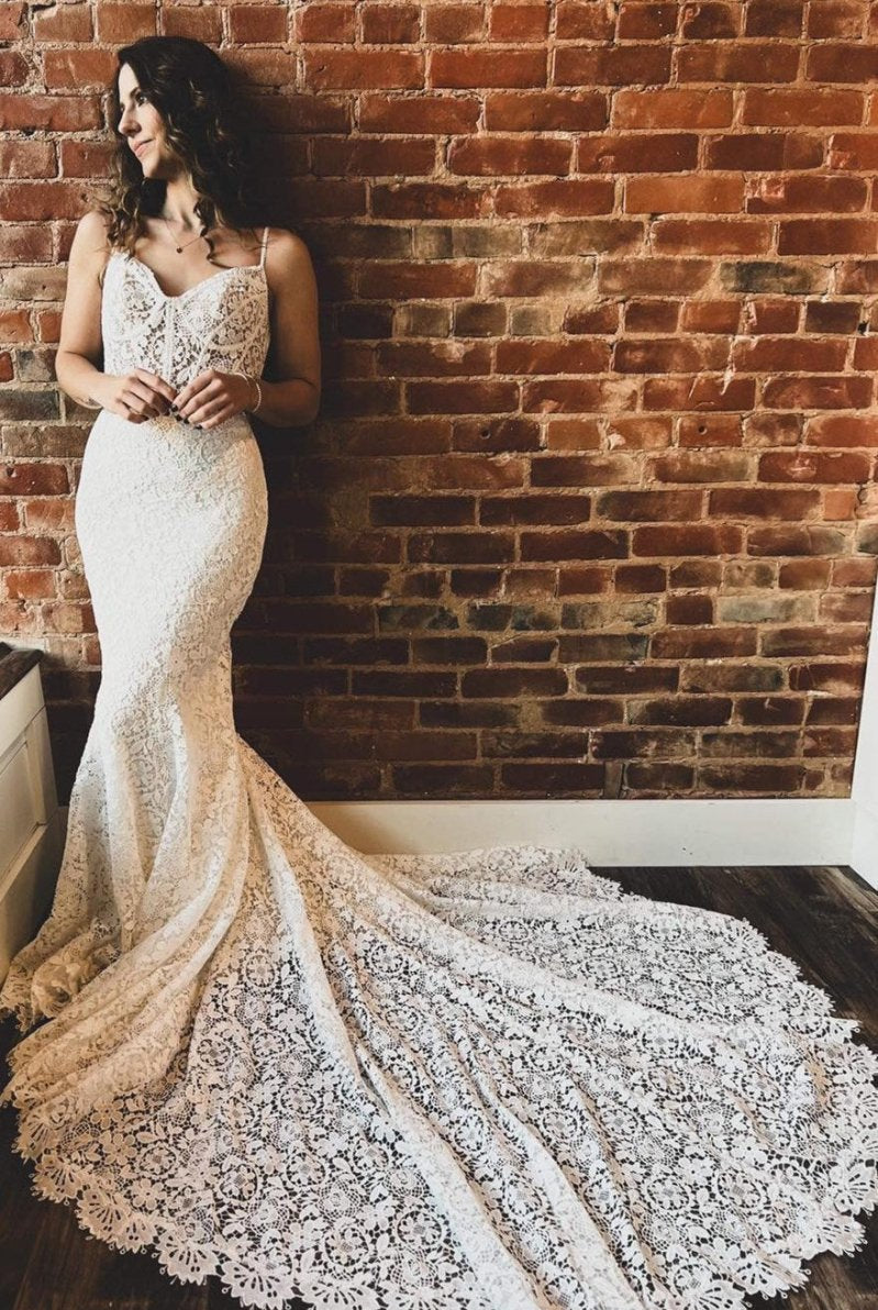 Goldie | White Lace Sweetheart Sleeveless Mermaid Long Wedding Dress