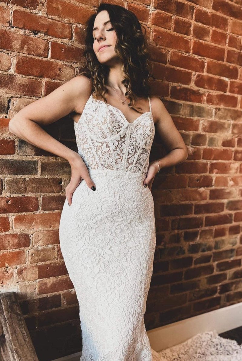 Goldie | White Lace Sweetheart Sleeveless Mermaid Long Wedding Dress