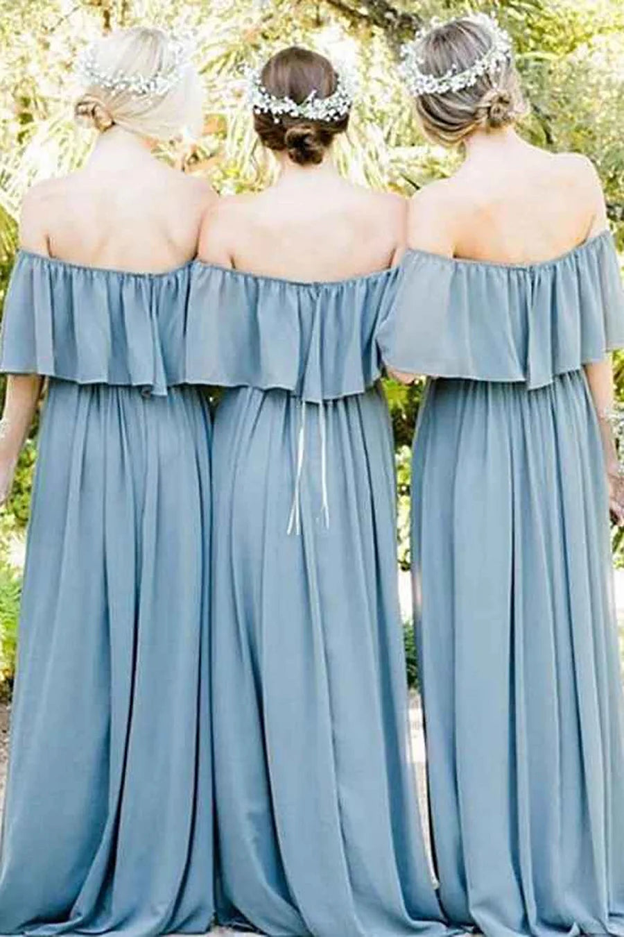 Dusty Blue A - Line Off the Shoulder Long Chiffon Boho Bridesmaid Dress - KissProm