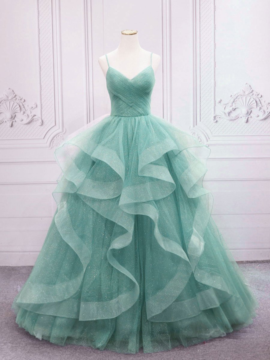 Quinceanera Dress Green V Neck Tulle Long Prom Dress Green Sweet Dress