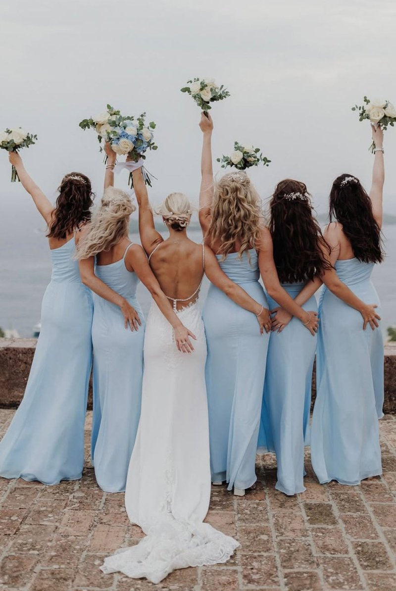 Sheath One Shoulder Light Blue Chiffon Slit Bridesmaid Dress - KissProm