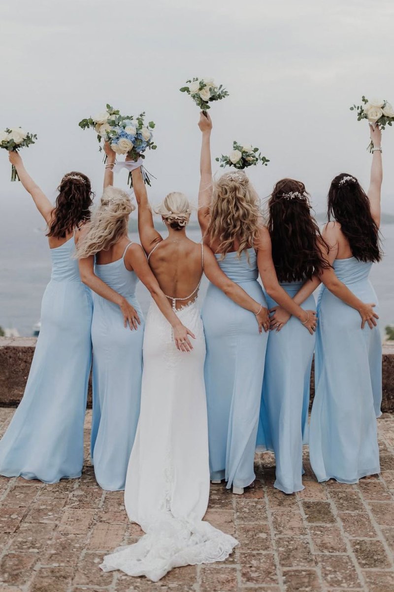 Sheath One Shoulder Light Blue Chiffon Slit Bridesmaid Dress - KissProm