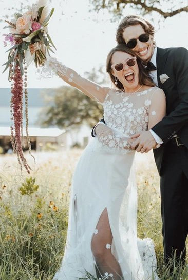 Bohemian Mermaid Bateau Chiffon Wedding Dress with Appliques and Split Front