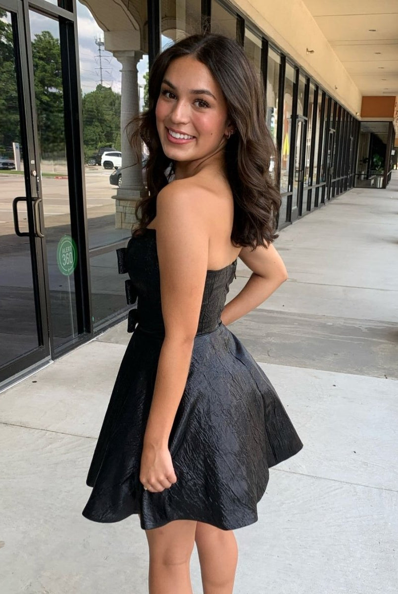 Jalise | Glitter Strapless Peacock Short Homecoming Dress with Bow