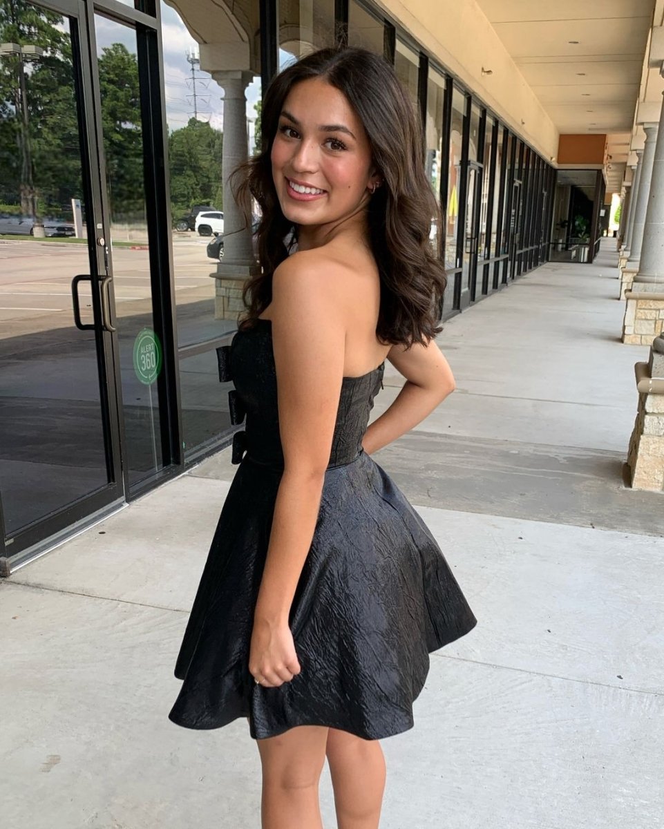 Jalise | Glitter Strapless Peacock Short Homecoming Dress with Bow