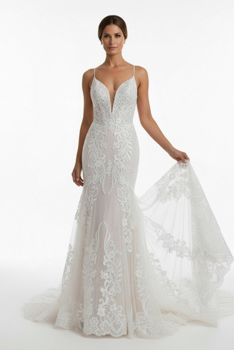 Aliza | Ivory Mermaid Spaghetti Straps Backless Long Lace Wedding Dress - KissProm
