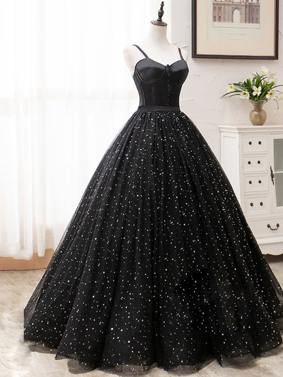 V Neck Glitter Black Long Prom Dress - KissProm