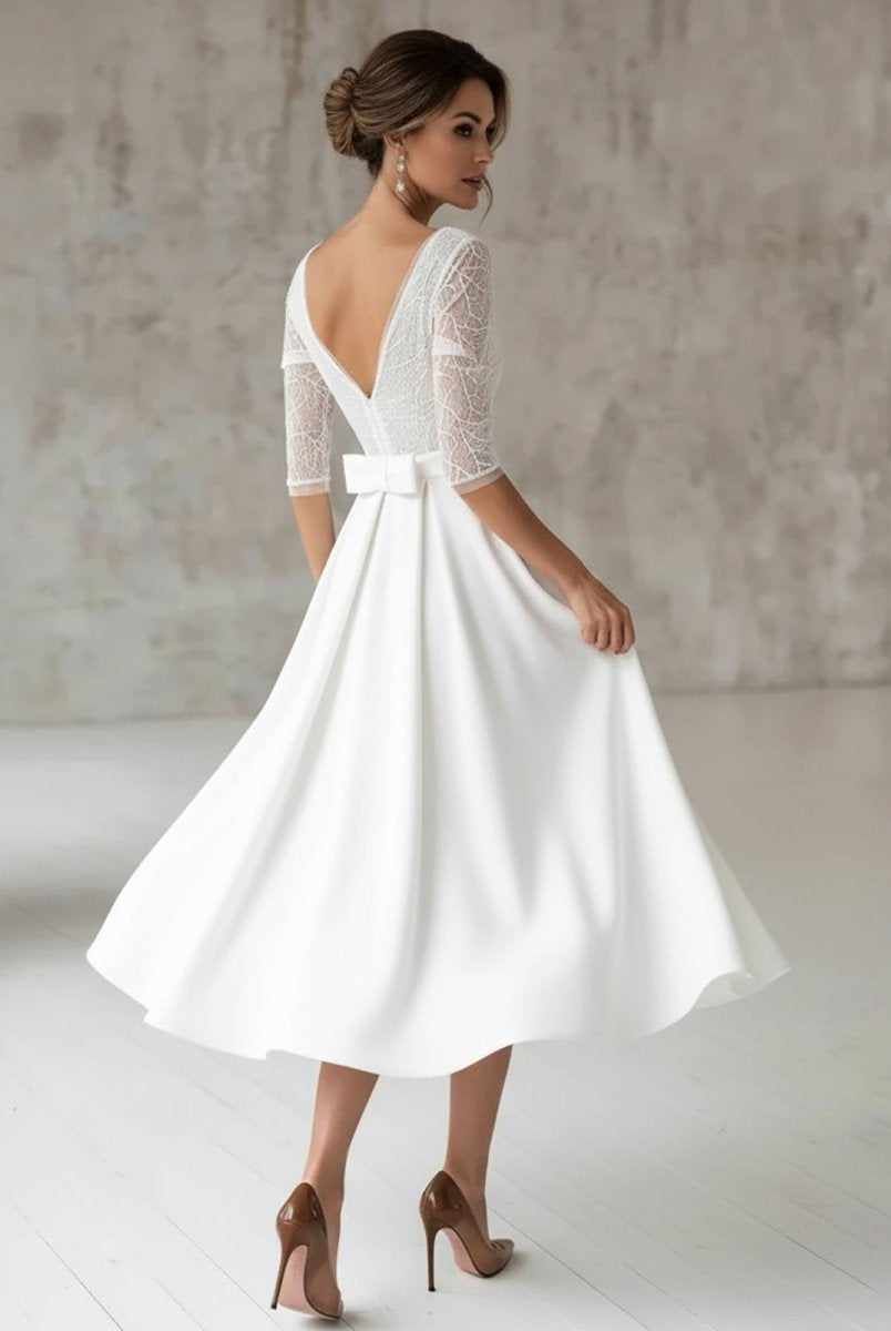 Margaritte | Satin V - neck A Line Tea - length Wedding Dress with Ruching and Sash - KissProm