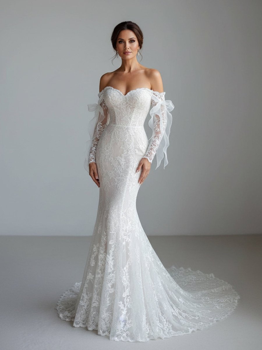 Lace Mermaid Covered-Button Long Sleeve Train Wedding Dress Lace Mermaid Covered-Button Long Sleeve Train Wedding Dress